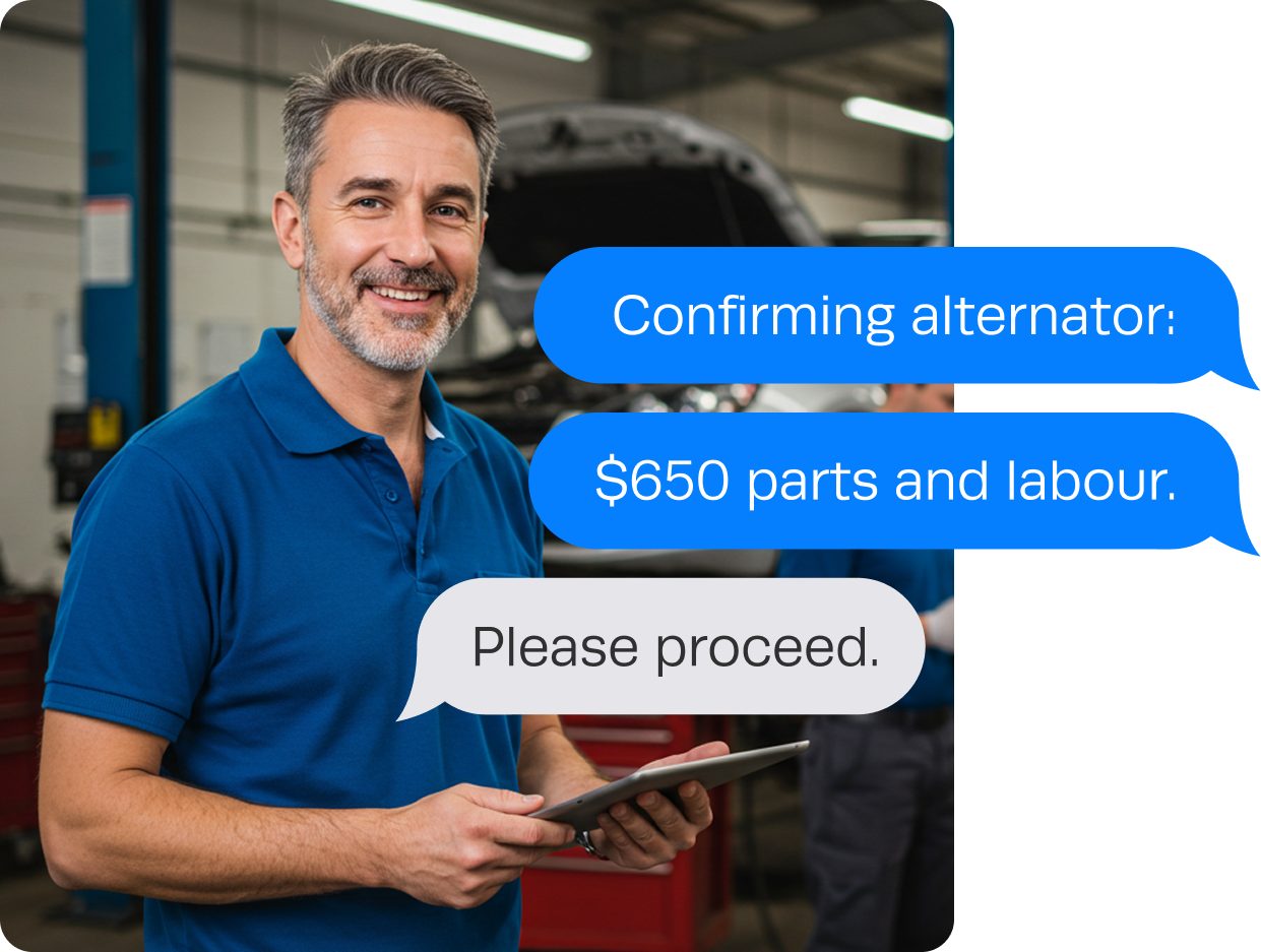 Workshop Software two-way SMS dashboard showing mechanic-to-customer messaging interface