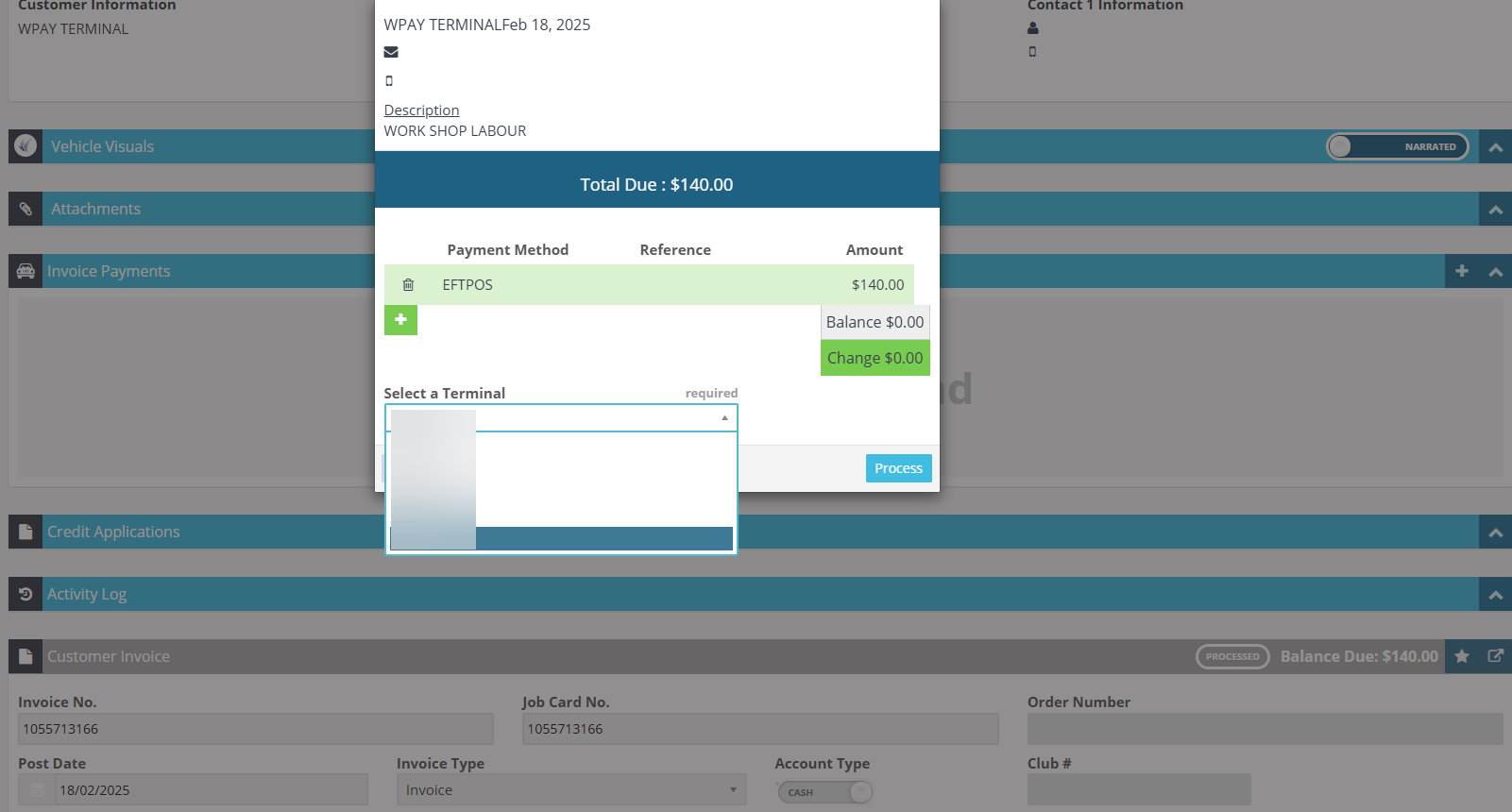 Workshop Software screen showing more information on making payments against cash type invoices can be found here