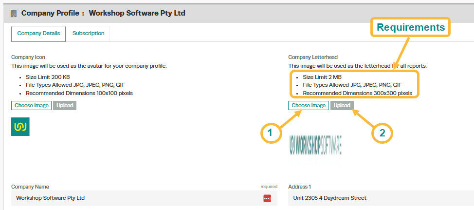 Workshop Software screen showing you will need to make sure that your logo's meet the requirements listed othe...