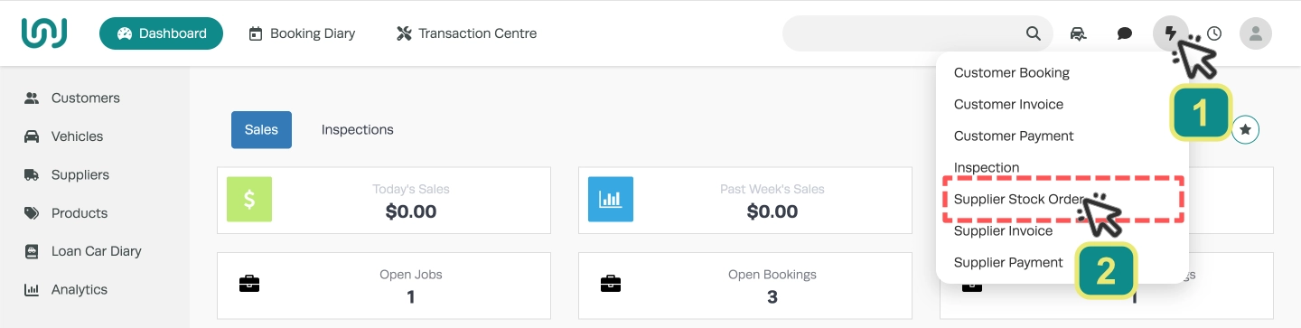 A screenshot of Workshop Software's dashboard. Numbered cursors indicate to click the Lightning Bolt icon and then Supplier Stock Order