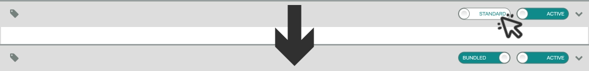Screenshots of a Product Card's header, a cursor indicates to click the Standard toggle, changing it to Bundled.