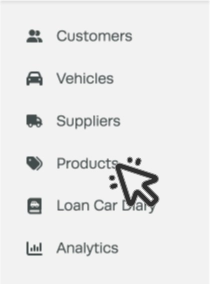 A screenshot of the left hand sidebar menu. A cursor indicates to click Products.