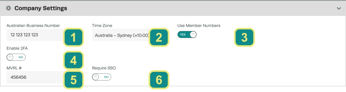 A numbered screenshot of the Company Settings card.