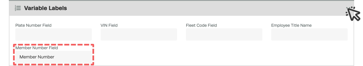 A screenshot of the Variable Labels header in Customer Settings, a cursor indicates a click to open it with the arrow and the Member Number Field is highlighted.