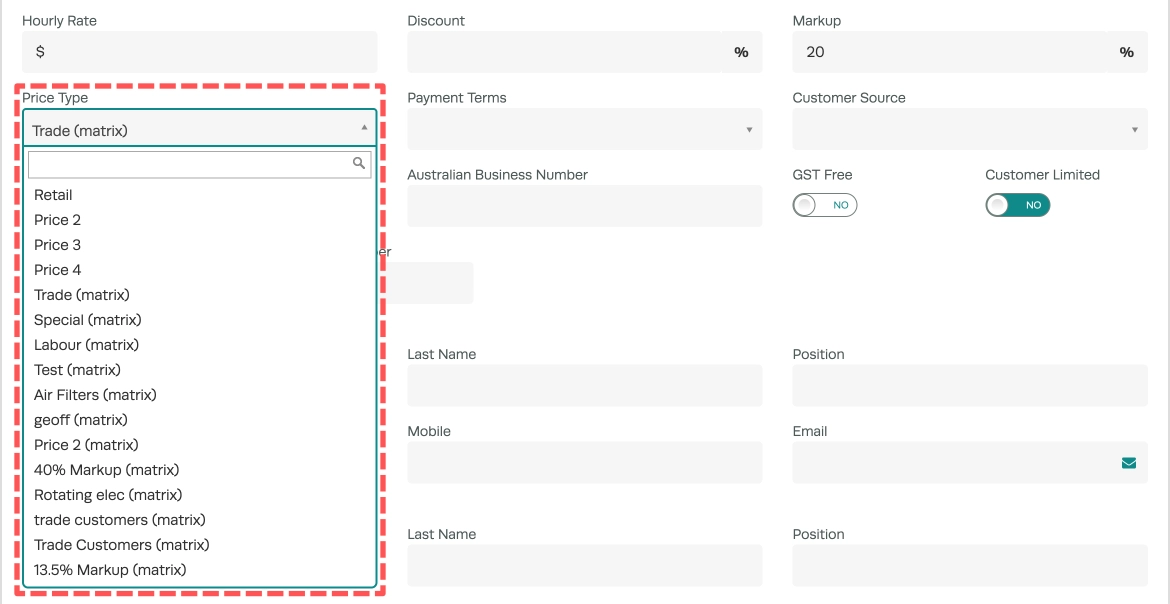 A cropped screenshot of a Workshop Software Customer. The Price Type dropdown is highlighted showing a list of possible Matrix prices.