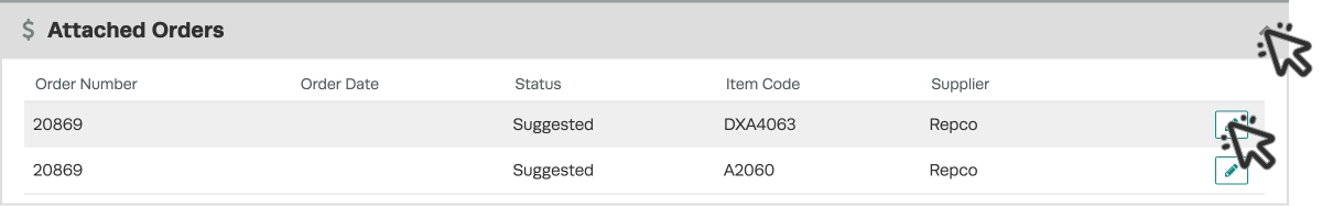A screenshot of the Attached Orders field inside an Invoice. Cursors indicate to click the arrow to open the list and choose the order with Repco as the supplier.
