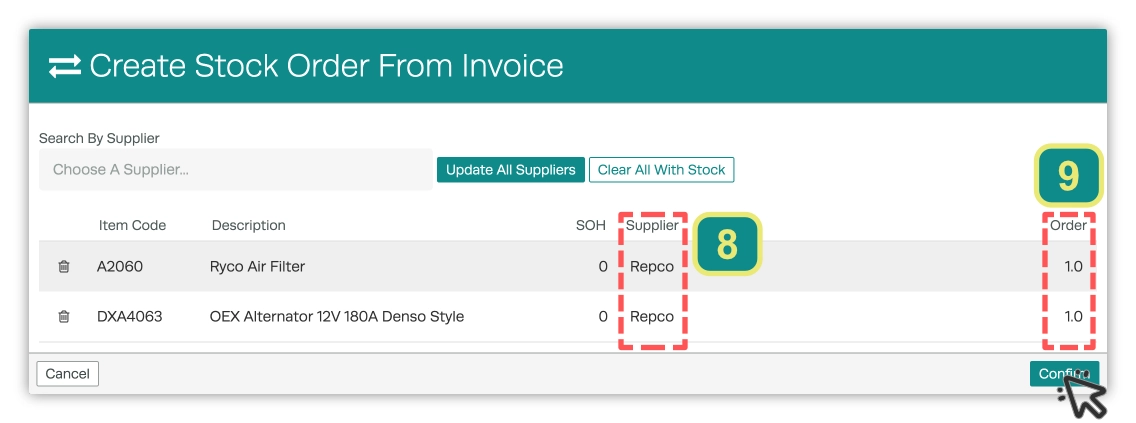 A screenshot of the Create Stock Order from Invoice pop up. The Supplier field and Order field are highlighted and a cursor indicates to click Confirm.