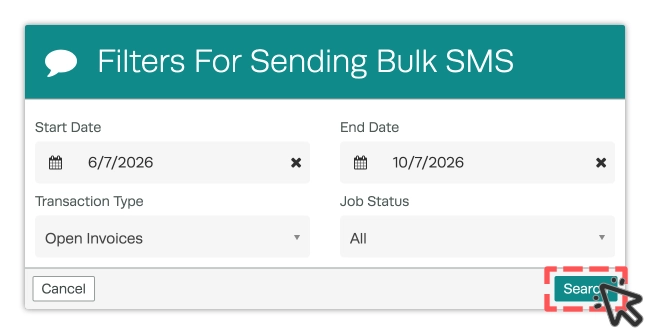A screenshot of the filter pop up for SMS messages from the Transaction Centre. The Select button is highlighted.