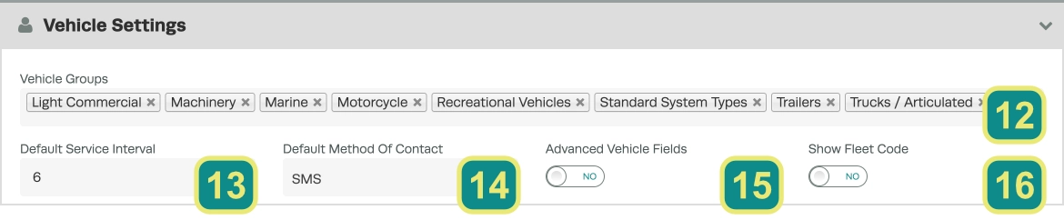 A numbered screenshot of the Vehicle Settings card.