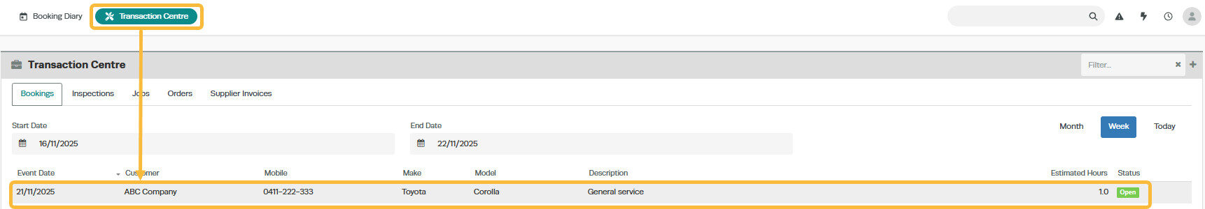 Workshop Software screen showing use the transaction centre as an alternative from the main menu bar across th...