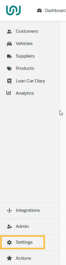 Workshop Software how to activate the customer portal showing " settings " from our left-hand navigation menu bar