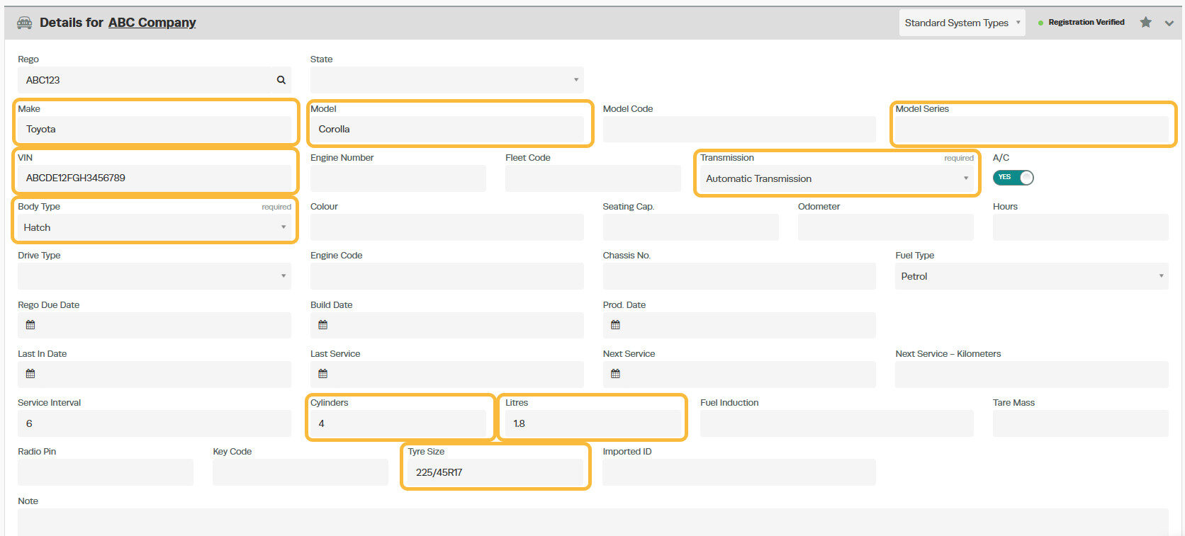 Workshop Software screen showing you will also see data in the below highlighted fields have now been populated