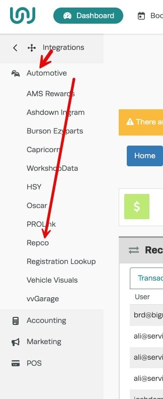 Workshop Software screen showing in the additional menu list that appears, please select ‘ repco ’