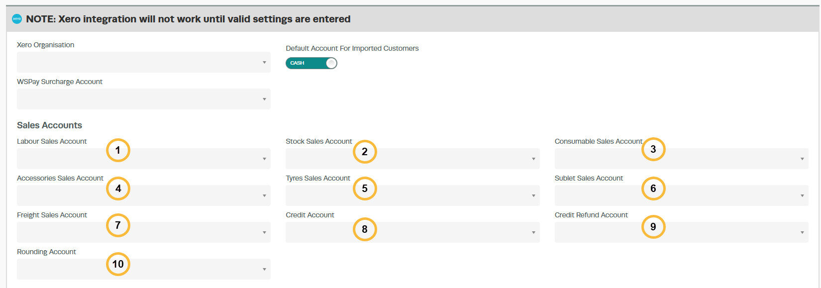 Workshop Software Xero integration Sales Accounts configuration with numbered account fields