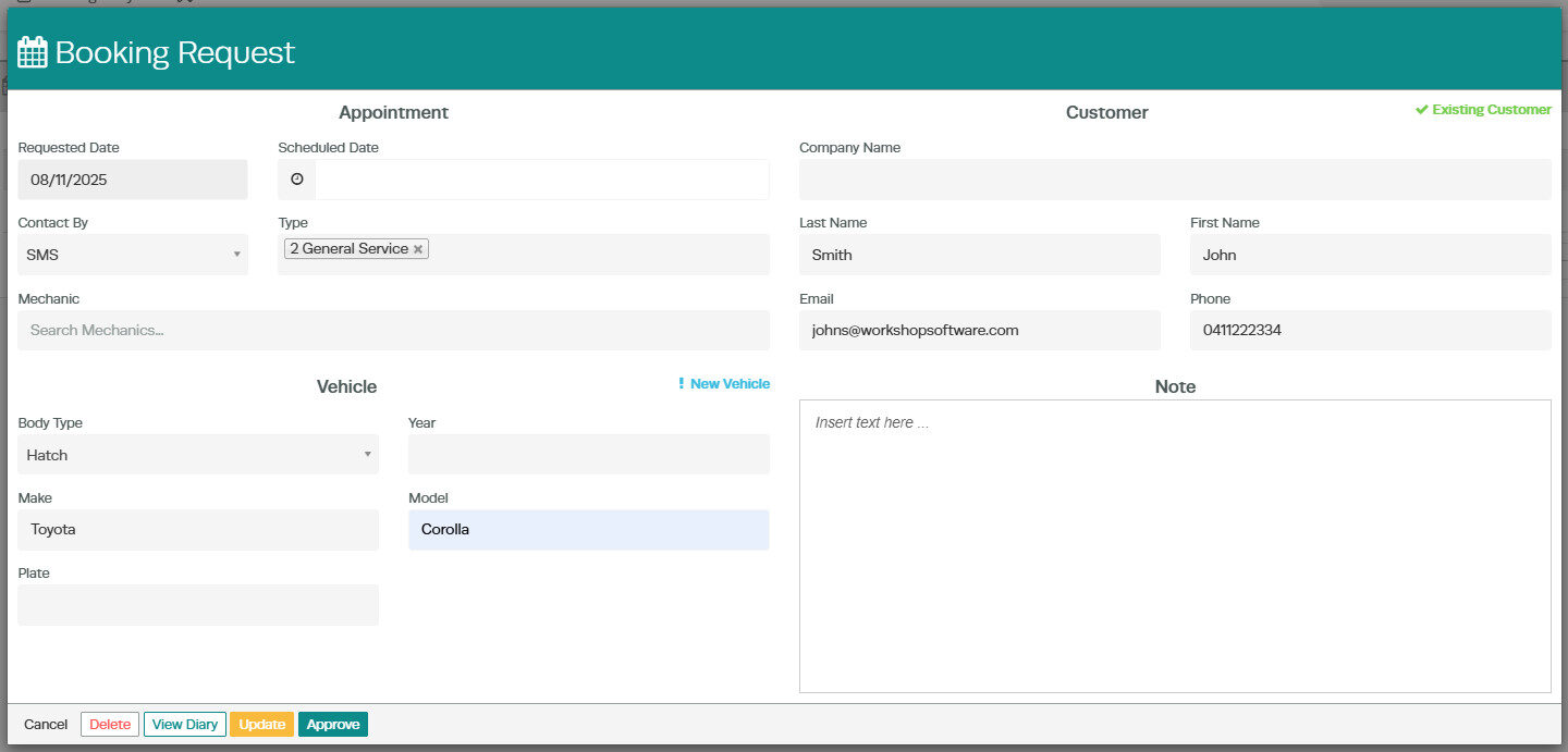 Workshop Software online bookings showing magnifying glass to view/approve the booking
