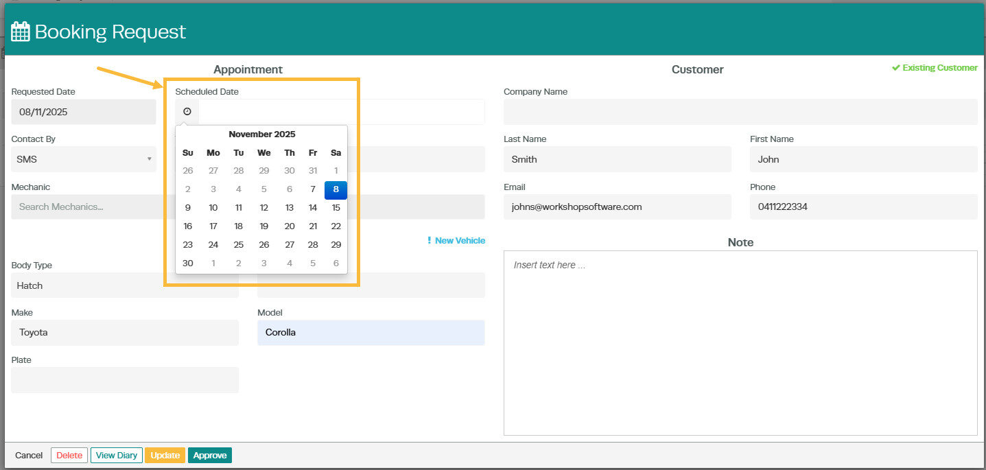 Workshop Software screen showing you will be able to choose the date and the time - if you change the date of ...