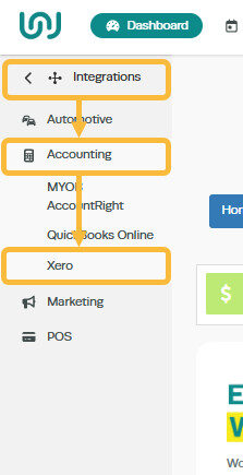 Workshop Software how to re-authorise xero showing integrations in the left hand menu bar select accounting integration se...
