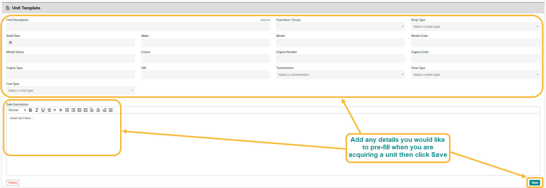 Workshop Software screen showing fill out the required information regarding the units to be acquired, and add...