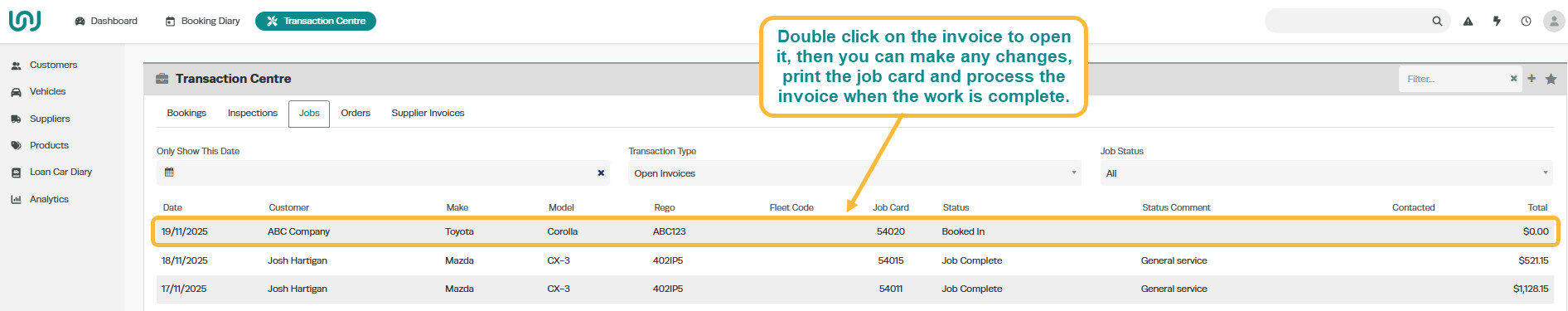 Workshop Software screen showing editing or finalising the invoice the invoice will now appear under the jobs ...