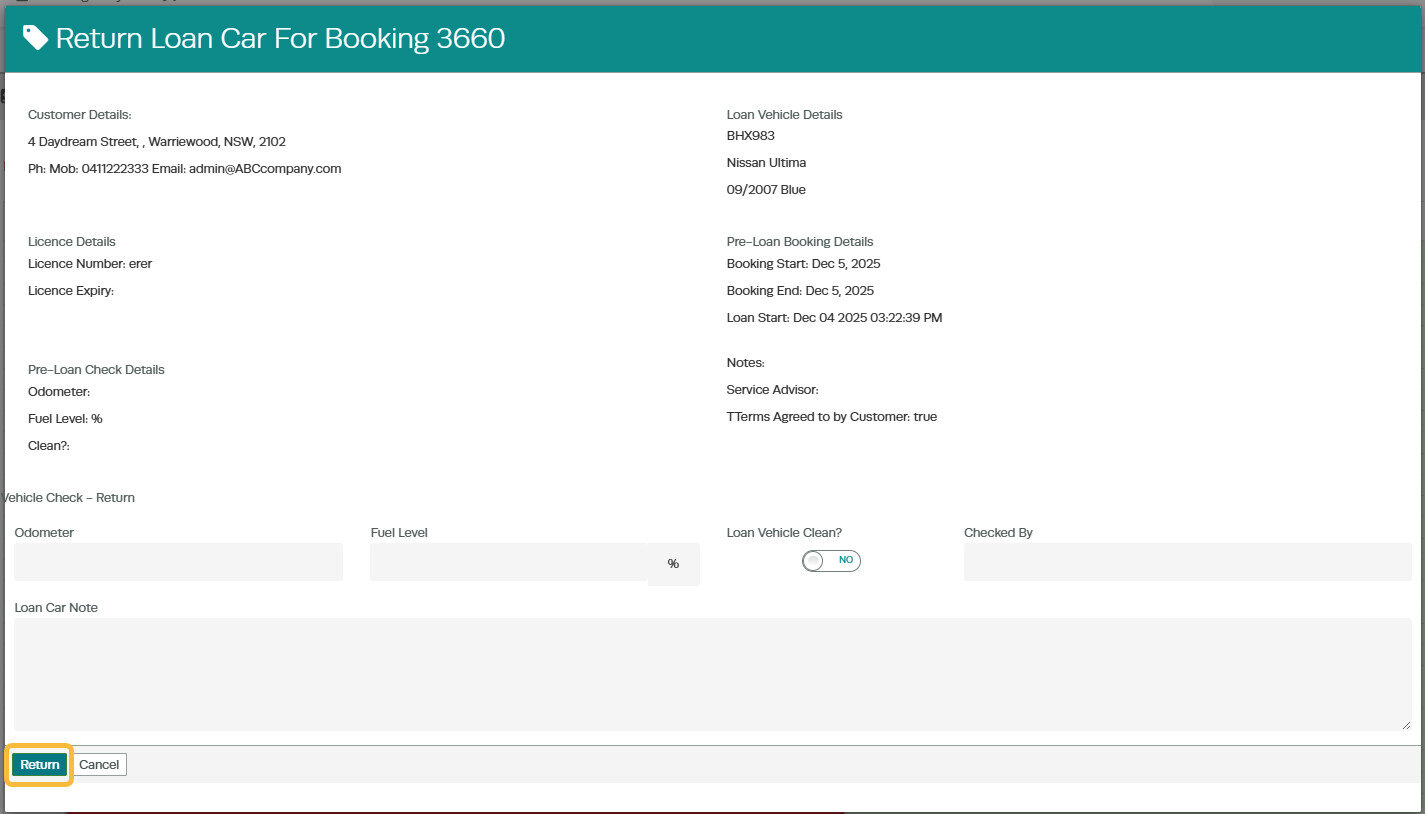 Workshop Software screen showing once you click the ' car ' icon to return loan a pop up screen will allow you...