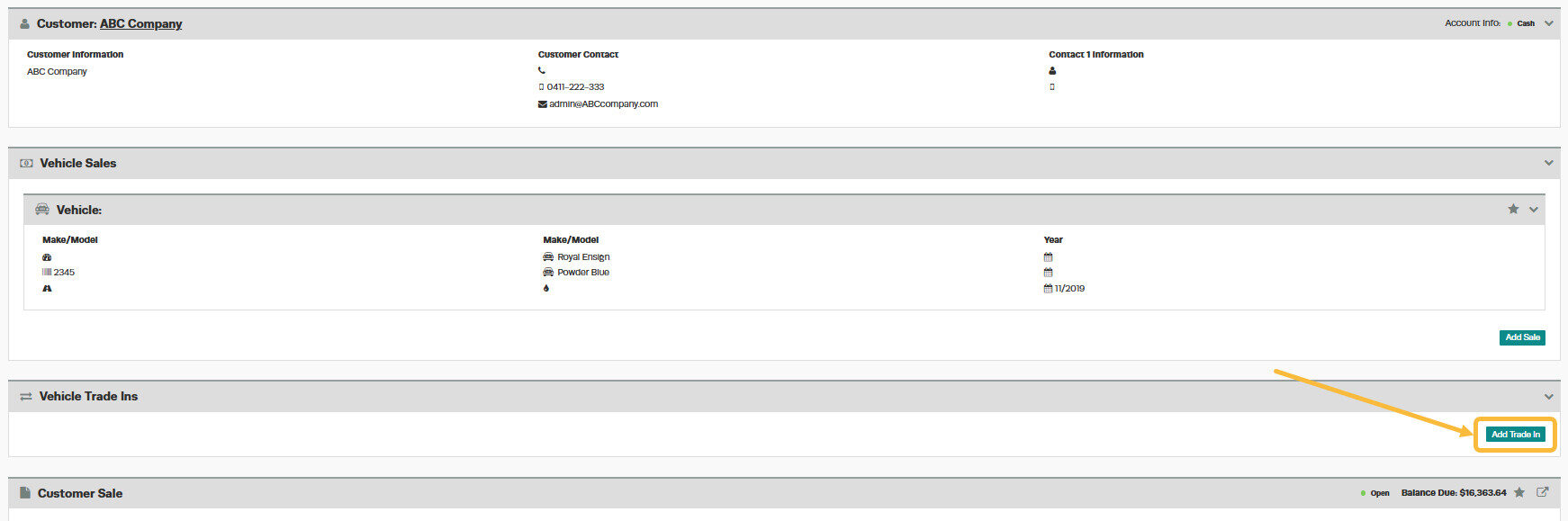 Workshop Software screen showing if the customer is trading a vehicle in, select the ' trade in ' option