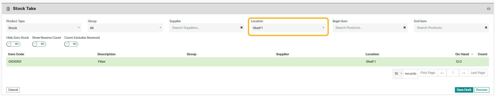 Workshop Software filter stocktake by location showing location you want further details on