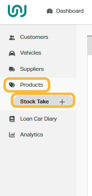 Workshop Software how to do a stocktake in workshop software showing 'products' from the left hand navigation menu, then s...