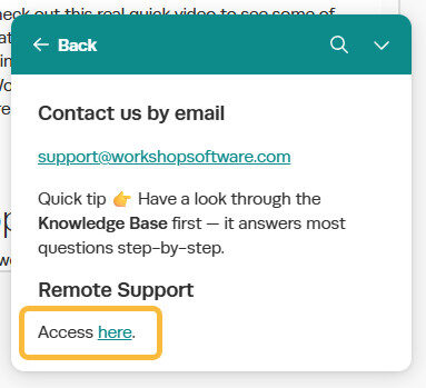 Workshop Software access teamviewer showing ' access here ' link
