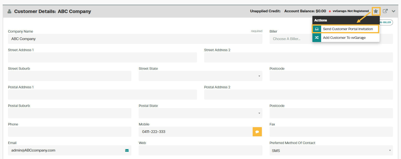 Workshop Software screen showing then select " send customer portal invitation "