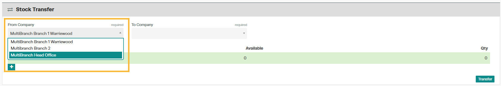 Workshop Software multi-branch transferring stock showing branch from which you want to transfer stock in the “from compan...