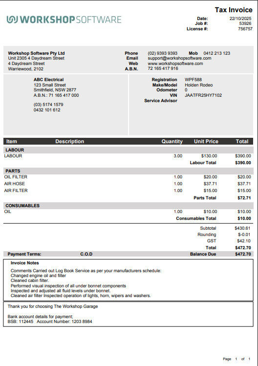 Workshop Software what are the invoice formats step 2 of 11