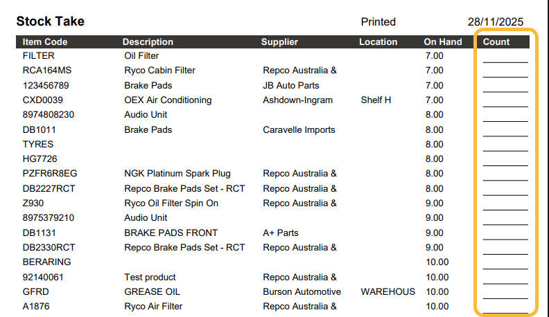 Workshop Software how to do a stocktake in workshop software showing correct/new quantity of the product into the count fi...