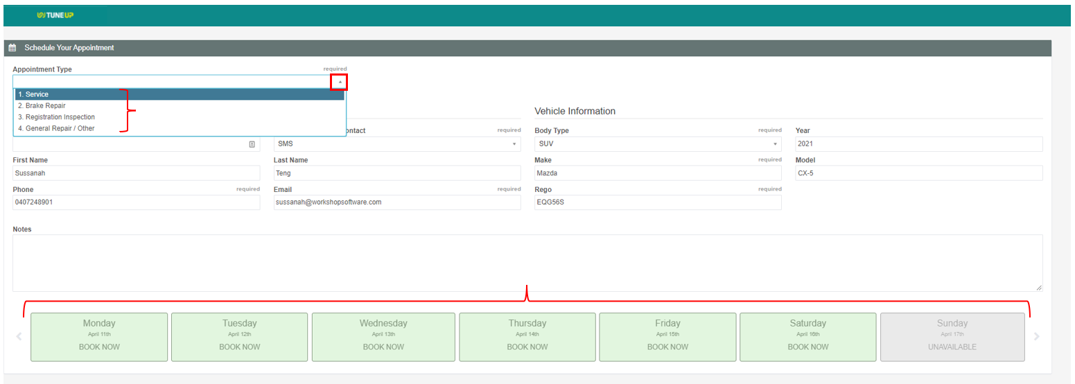 Online Booking diary select appointment type & date