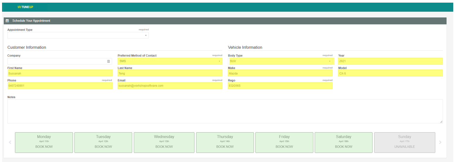Populated online booking diary