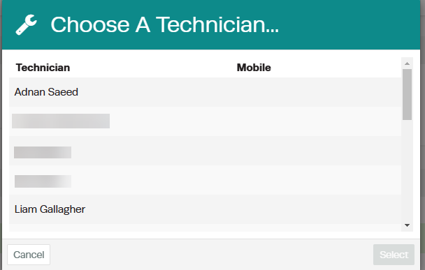 Workshop Software add mechanic hours to an invoice showing correct mechanic and then click the green 'select' button