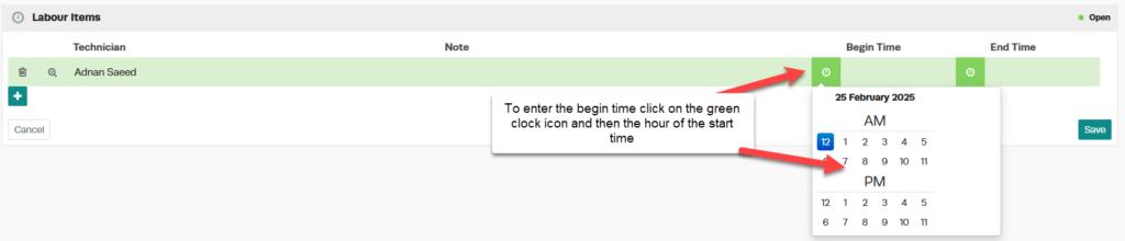 Workshop Software screen showing to enter the begin time, click on the green 'clock' icon to the left of the b...