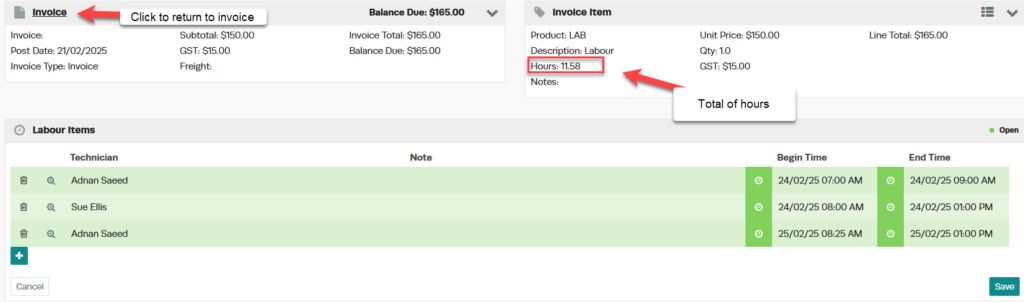 Workshop Software screen showing to go back to the invoice, click on the word 'invoice' located on the top lef...