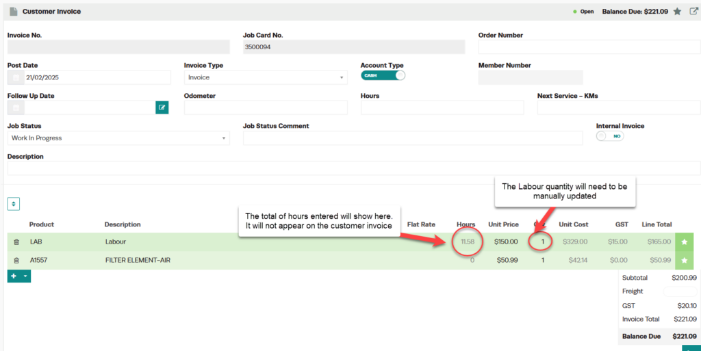 Workshop Software screen showing the quantity of the labour charged will need to be manually updated