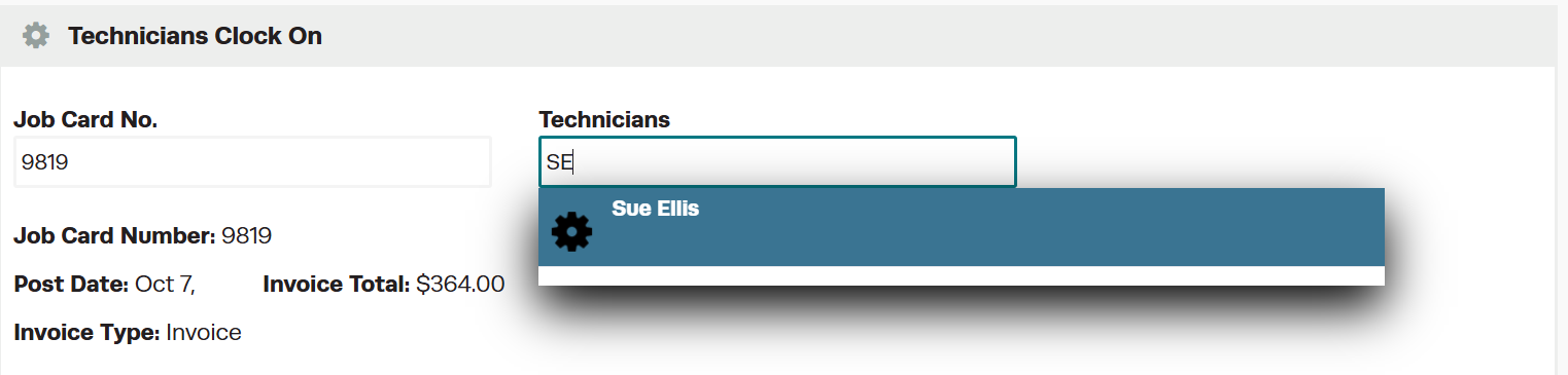 Workshop Software screen showing you can choose to type their name or their mechanic code and then select the ...