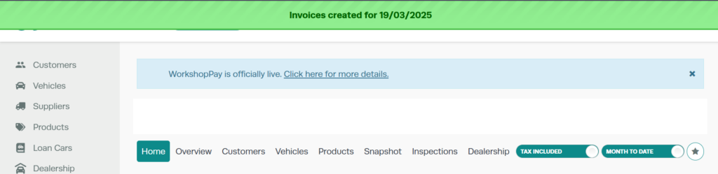 Workshop Software screen showing a green banner will appear at the top of the screen to advise when jobs have ...