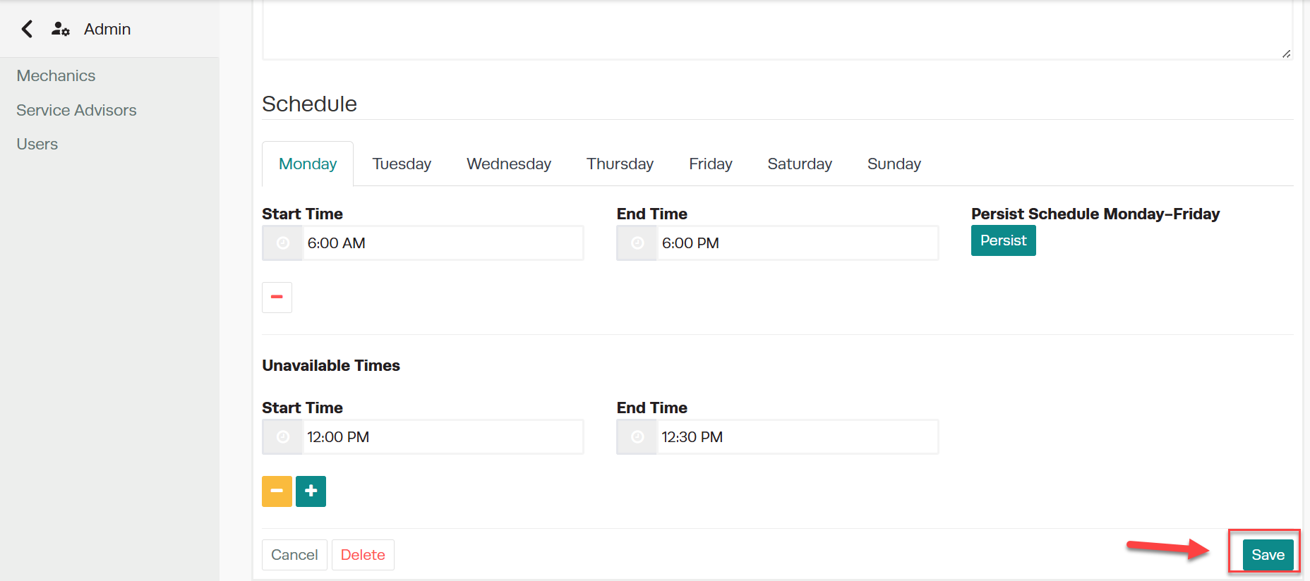 Workshop Software set up your mechanic's work schedule in workshop software showing save to make these changes