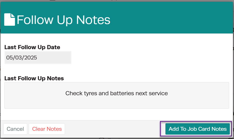 Follow up notes appearing in the vehicle service history timeline
