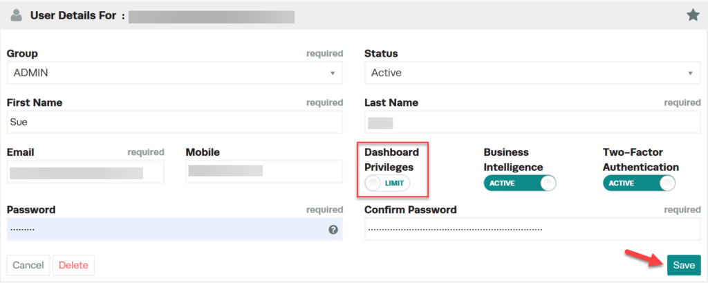 Workshop Software screen showing under dashboard privileges , toggle the setting to limited to restrict access...