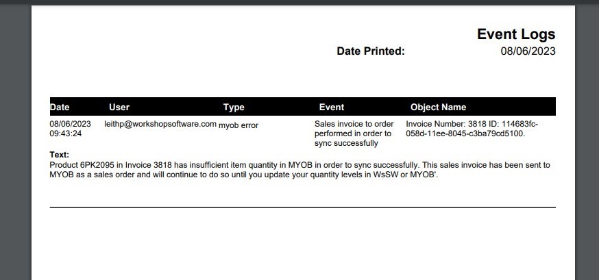 Workshop Software screen showing you can find a record of all invoices submitted to myob as a order in the rep...