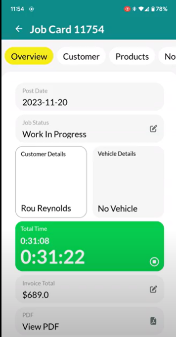 Workshop Software screen showing job card overview tab once you open a job card you will be able to see overvi...