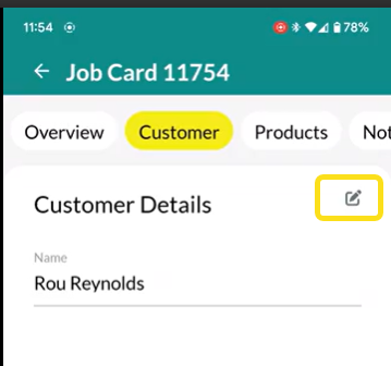 Workshop Software screen showing if you click on the box symbol next to customer details, you will be able to ...