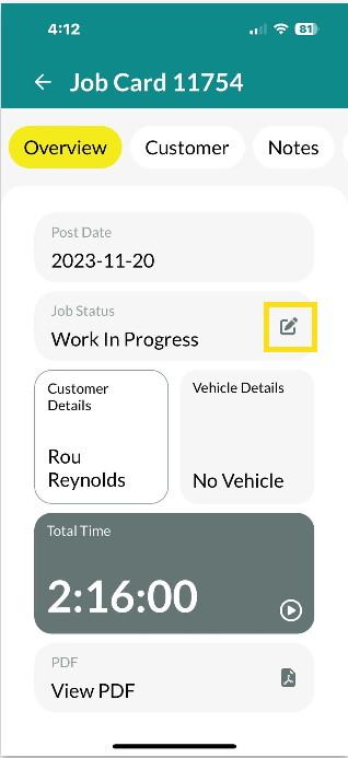 Workshop Software screen showing job status when you open a job you are able to change the status of the job b...