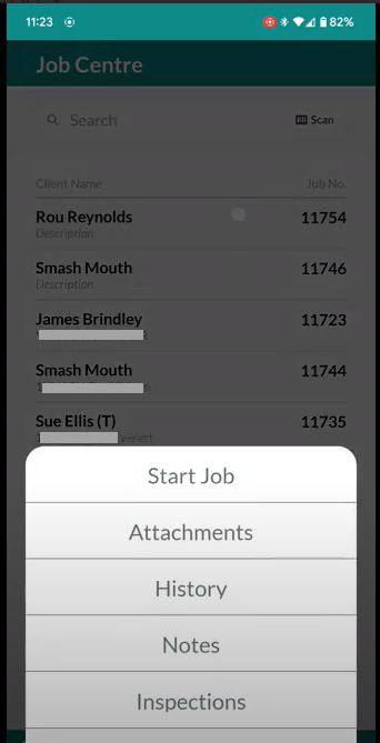 Workshop Software screen showing you will then have your options to start job / attachments / history / notes ...
