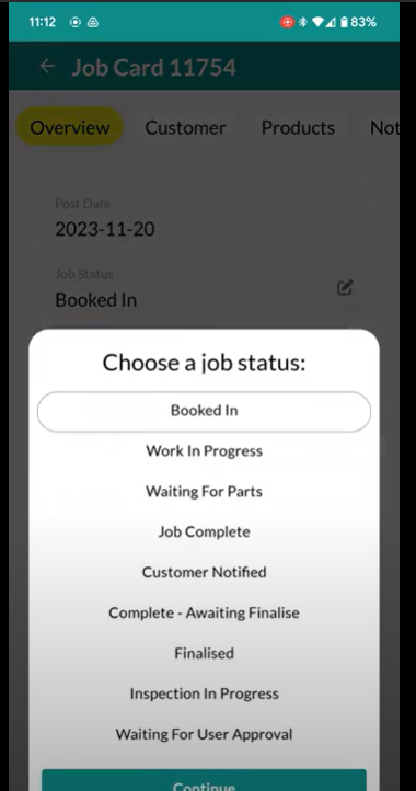 Workshop Software screen showing this will then bring up the options