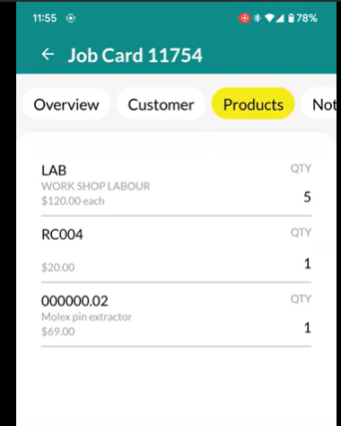 Workshop Software screen showing products tab this will show you the products that are attached to the invoice...